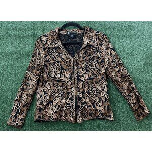 Casual Studio Sweater Full Zip Black Brown Floral Embroidered Sheer Jacket Sz L